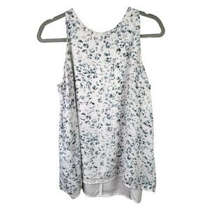 Adrienne Vittadini Sleeveless Blouse Tank Top Back Slit White Grey Abstract M